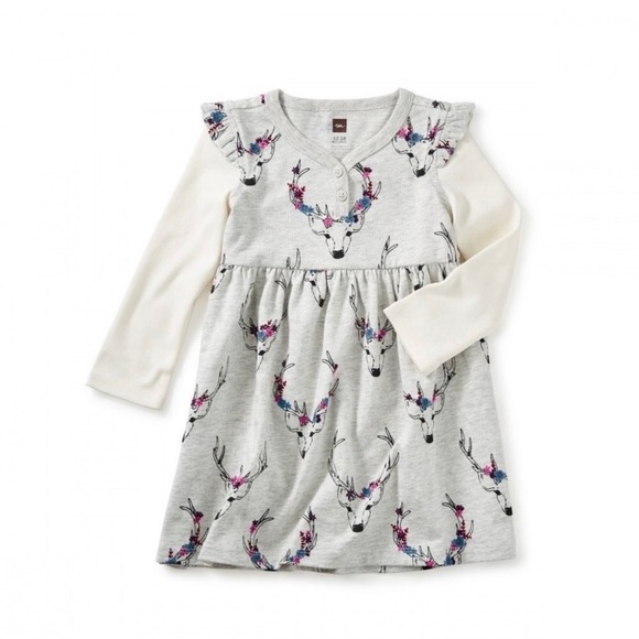 Tea Collection Oh Deer Long Sleeve Dress In Gray Size 6 Girl's - Picture 1 of 4